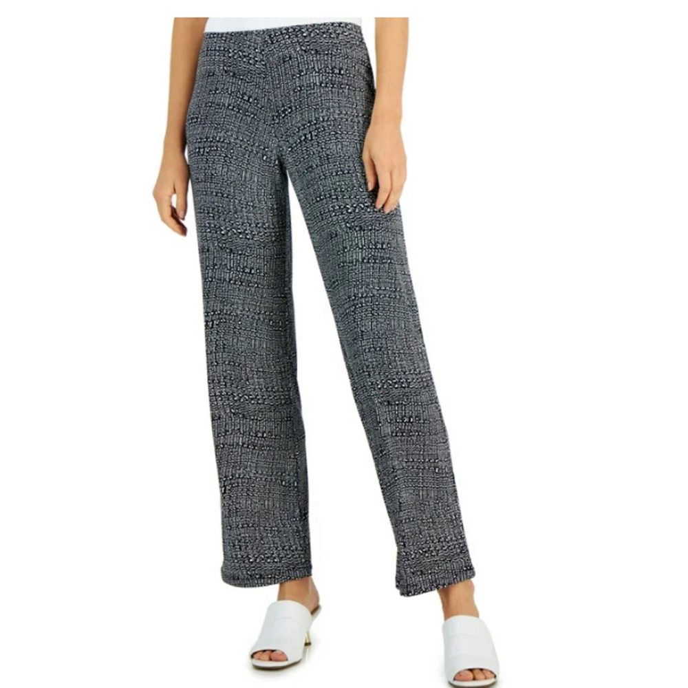 Alfani Womens Wide Leg Pull On Knit Pants Black & White Textured L